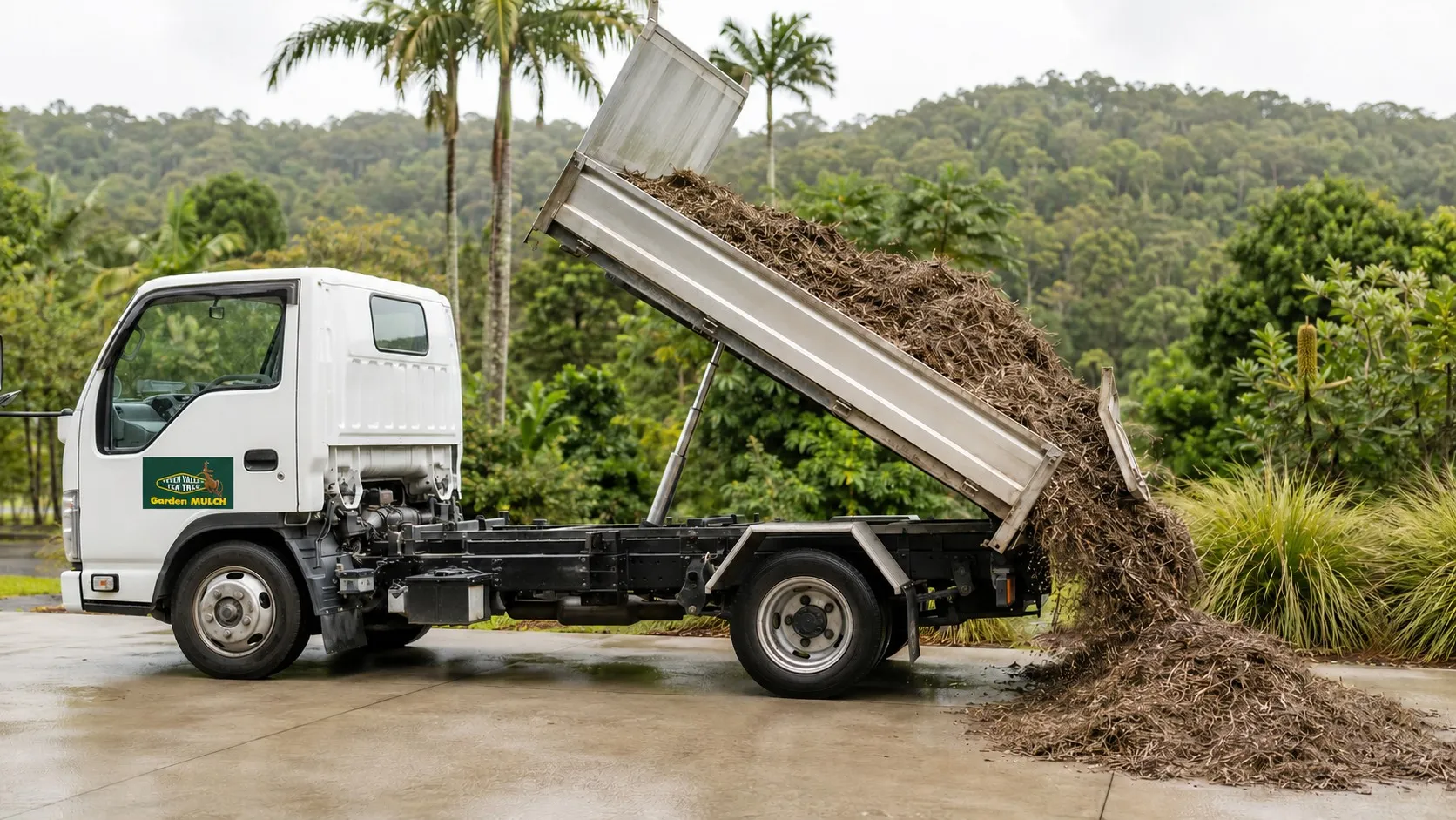 Teven Valley tipper truck tipping a load of tea tree mulch
